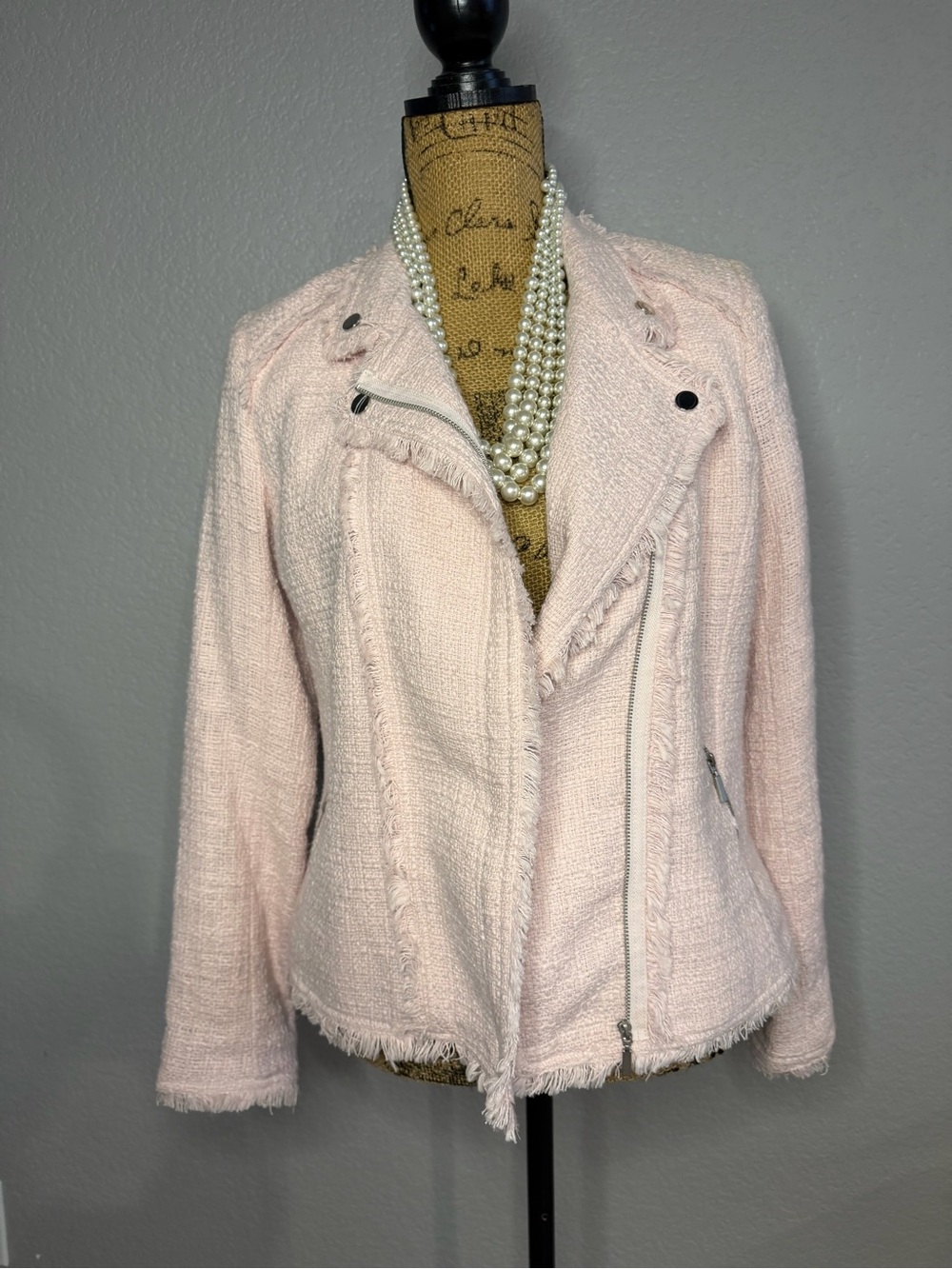 Belle Vere Blush Pink Tweed Moto-Style Jacket